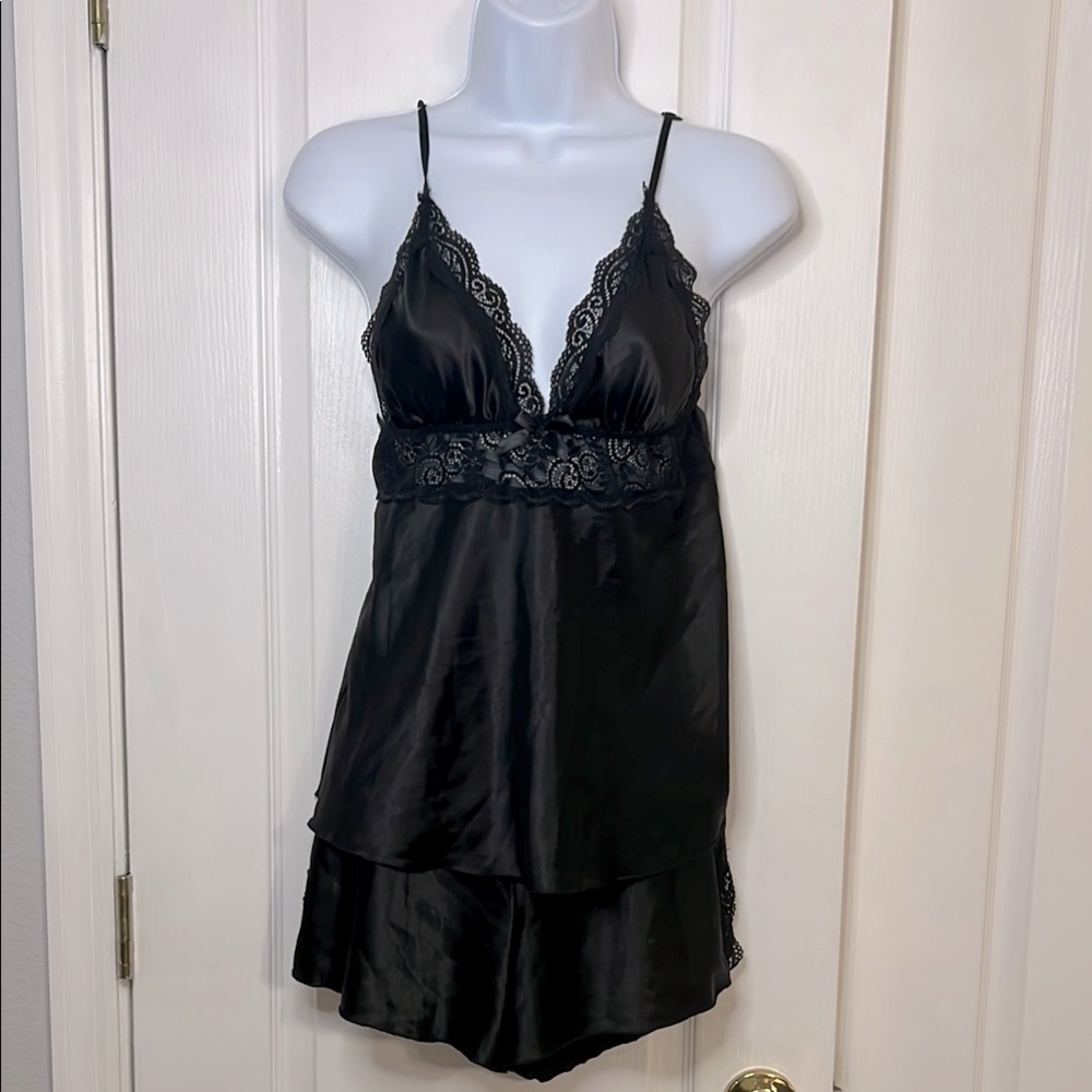 Socialite Black Satin Chemise with Lace Trim